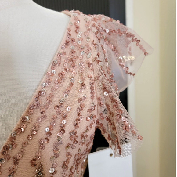 Mac Duggal 5682 Apricot Peach Pink Sequin Beaded Flutter Sleeve Gown Dress 14 - Picture 6 of 13